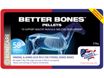 Equine America Better Bones.   Supporta la corretta crescita e sviluppo osseo nei cavalli giovani, in crescita (da corsa), nei cavalli da competizione e nelle fattrici.