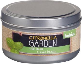 Bolsius Scented Candle Tin Citronella-Basil 49/87. 24 Burning hours, due to the citronella and delicious spicy scent of basil, mosquitoes and other insects are kept or distance.