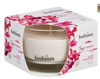 Bolsius Vela perfumada en vidrio True Moods Pure Romance 80/50.    18 horas de combustión. Una fragancia floral con un ramo de rosas que descansa sobre un fondo de sensual ámbar y pachulí.