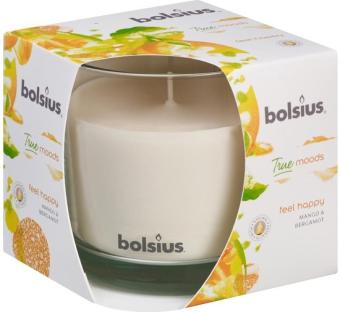 Bolsius Geurkaars in glas True Moods Feel Happy 63/90.    24 branduren. Een echte ''feel good '' geur met appel ,kaneel , kruidnagel ,vanille , karamel en musk.