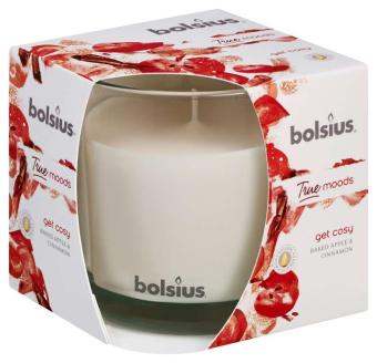 Bolsius Scented candle in glass True Moods Get Cosy 63/90. 24 burning hours. A real ''feel good'' scent with apple, cinnamon, clove, vanilla, caramel and musk.