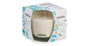 Bolsius Scented candle in glass True Moods In Balance 63/90. 24 burning hours. A fresh fragrance with white tea , green herbs and mint leaves on a woody background.