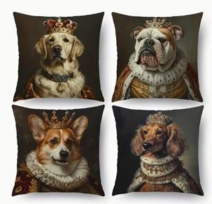 Housse de coussin Royal Dog.     Magnifique housse de coussin représentant un bouledogue anglais, un teckel, un golden retriever ou un corgi avec une couronne.