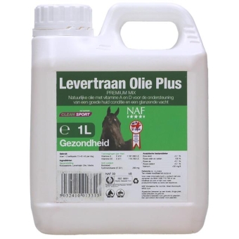 NAF Levertraan olie Plus. Zeer geschikt voor toevoeging aan het voer van jonge en oude paarden.