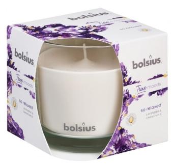 Bolsius Scented candle in glass True Moods So Relaxed 63/90.    24 burning hours. A richly relaxing fragrance with lavender , chamomile and warm balsamic accents in the background.