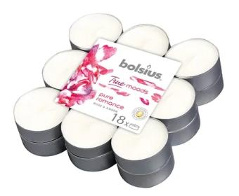 Bolsius Fragrance Teaight 18pcs. True Moods Pure Romance.    4 burning hours each. A floral fragrance with a bouquet of roses resting on a background of sensual amber and patchouli.