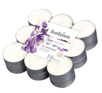 Bolsius Fragrance Tea Light True Moods So Relaxed 18 pieces.    4 burning hours per piece. A rich relaxing fragrance with lavender , chamomile and warm balsamic accents in the background.