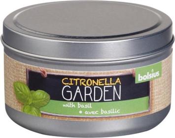 Bougie parfumée Bolsius Tin Citronella-Basil 49/87. 24 heures de combustion, la citronnelle et le délicieux parfum épicé du basilic éloignent les moustiques et autres insectes.