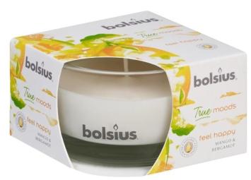 Bolsius Geurkaars in glas True Moods Feel Happy 80/50.    18 branduren. Een echte ''feel good '' geur met appel ,kaneel , kruidnagel ,vanille , karamel en musk.