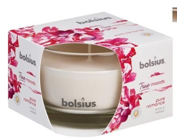 Bolsius Scented candle in glass True Moods Pure Romance 80/50.    18 burning hours. A floral fragrance with a bouquet of roses resting on a background of sensual amber and patchouli.