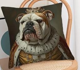 Housse de coussin Royal Dog.     Magnifique housse de coussin représentant un bouledogue anglais, un teckel, un golden retriever ou un corgi avec une couronne.