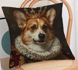 Housse de coussin Royal Dog.     Magnifique housse de coussin représentant un bouledogue anglais, un teckel, un golden retriever ou un corgi avec une couronne.