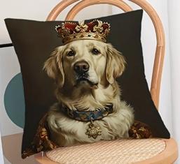 Housse de coussin Royal Dog.     Magnifique housse de coussin représentant un bouledogue anglais, un teckel, un golden retriever ou un corgi avec une couronne.