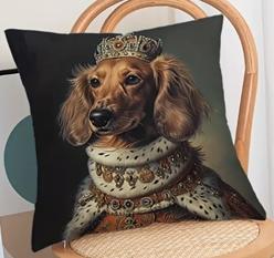 Housse de coussin Royal Dog.     Magnifique housse de coussin représentant un bouledogue anglais, un teckel, un golden retriever ou un corgi avec une couronne.