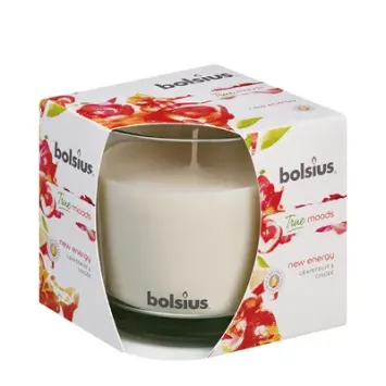 Bolsius Scented candle in glass True Moods New Energy 63/90.    24 burning hours. A zesty citrus fragrance with grapefruit, orange, lemon and elements of spicy ginger.