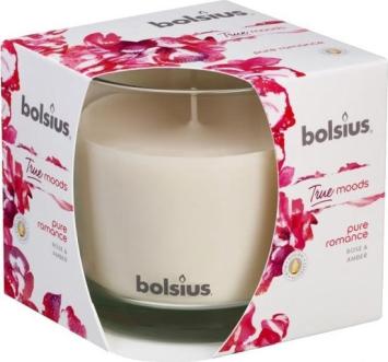 Bolsius Scented candle in glass True Moods Pure Romance 63/90.    24 burning hours. A floral fragrance with a bouquet of roses resting on a background of sensual amber and patchouli.